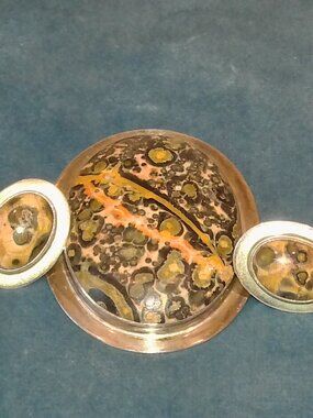 Vintage Sterling Silver LEOPARD SKIN JASPER Pin/Pendant & Earrings